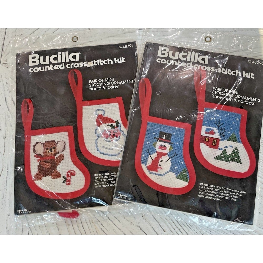 Set of 2 Bucilla Counted Cross-Stitch‎ Kits Mini Stockings 48790 & 48791